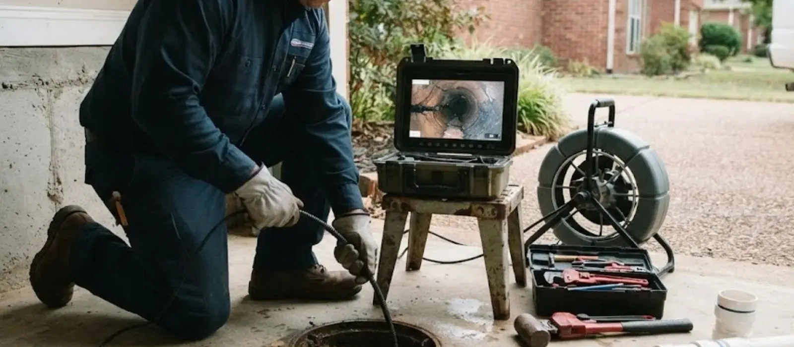 Plumber feeding a sewer camera cable into a cleanout with a monitor and reel beside him, sewer camera inspection in Clearfield, UT