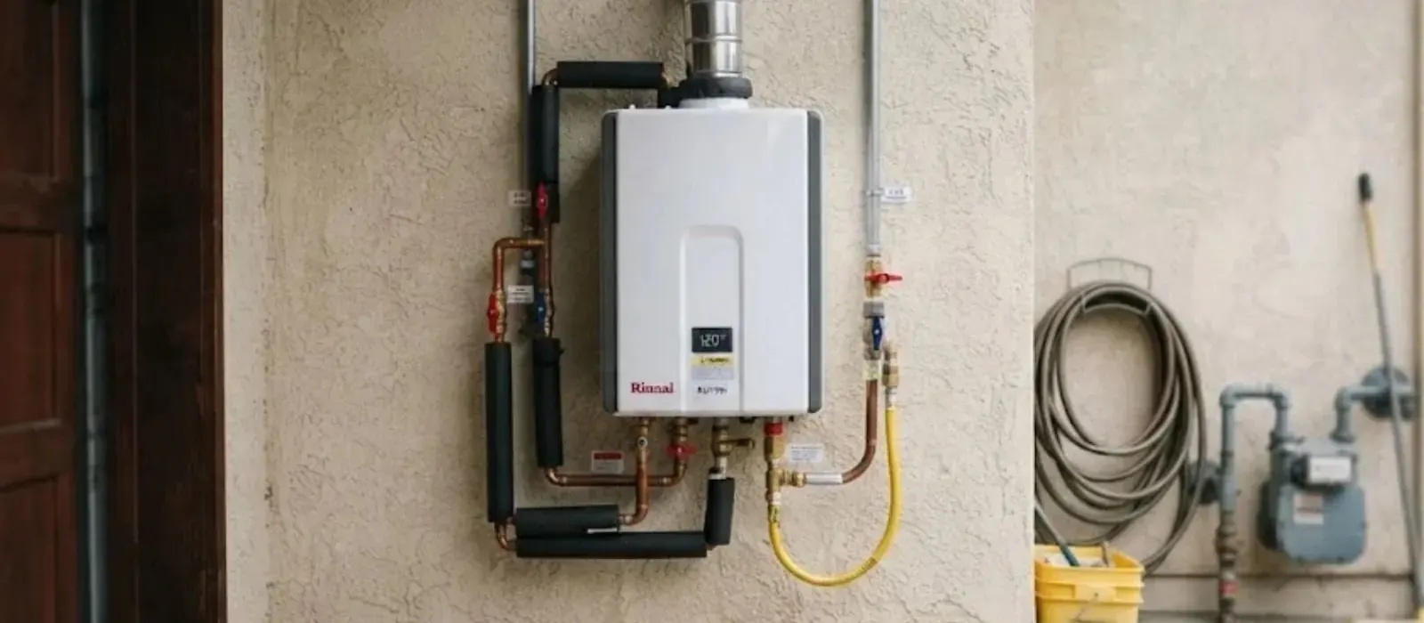 Wall-mounted tankless water heater with venting and gas line on a garage wall, tankless water heater service in Clearfield, UT